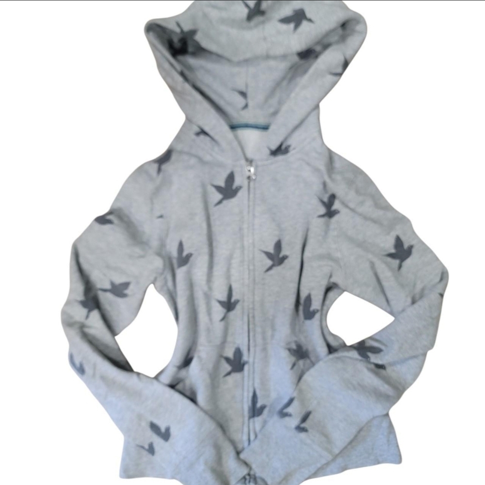 aerie Grey Hooded Zip Jacket with Bird Print